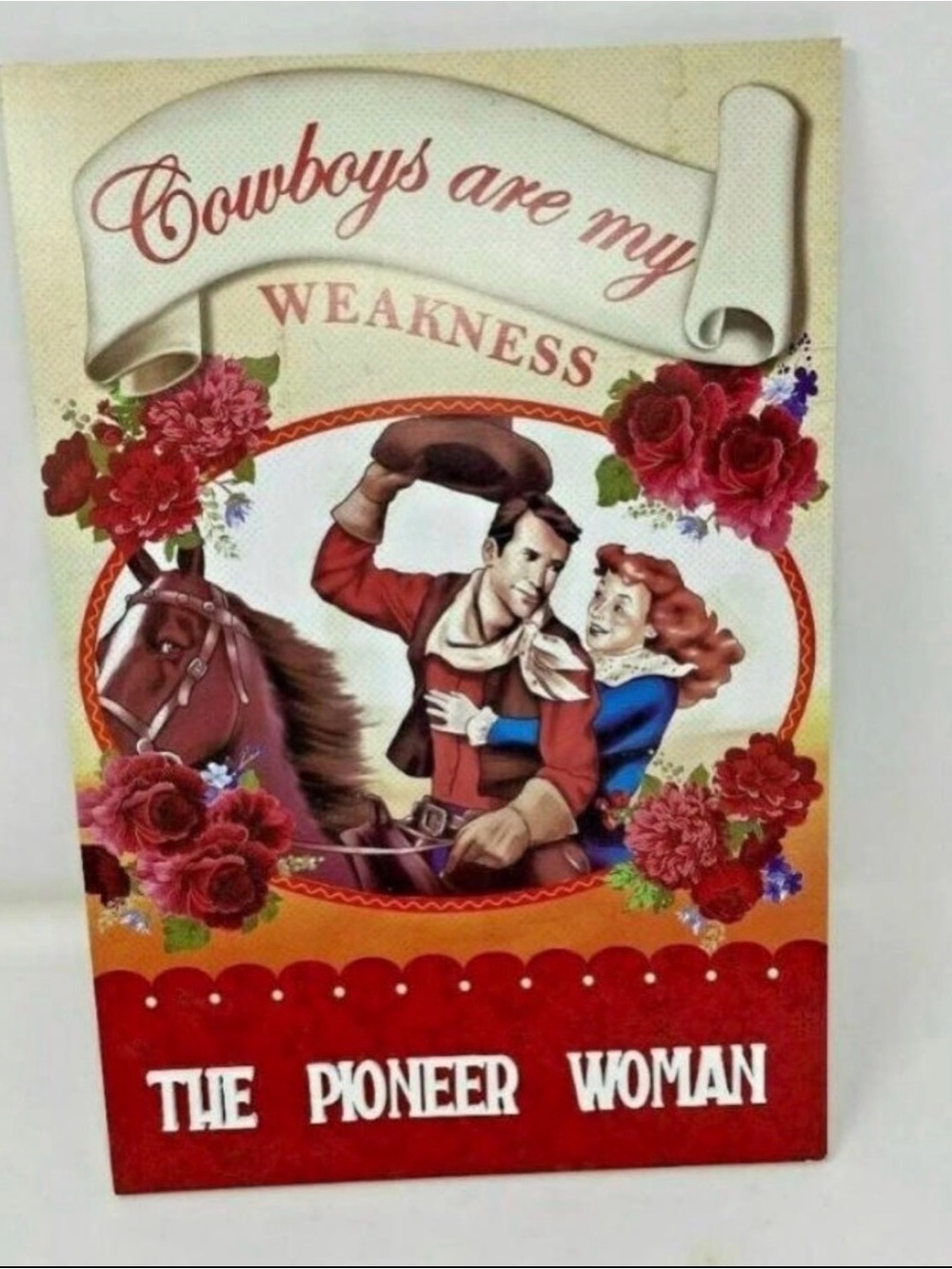 The Pioneer Woman Red Cream Floral 'Cowboys Are My Weakness' Retro Tin Sign